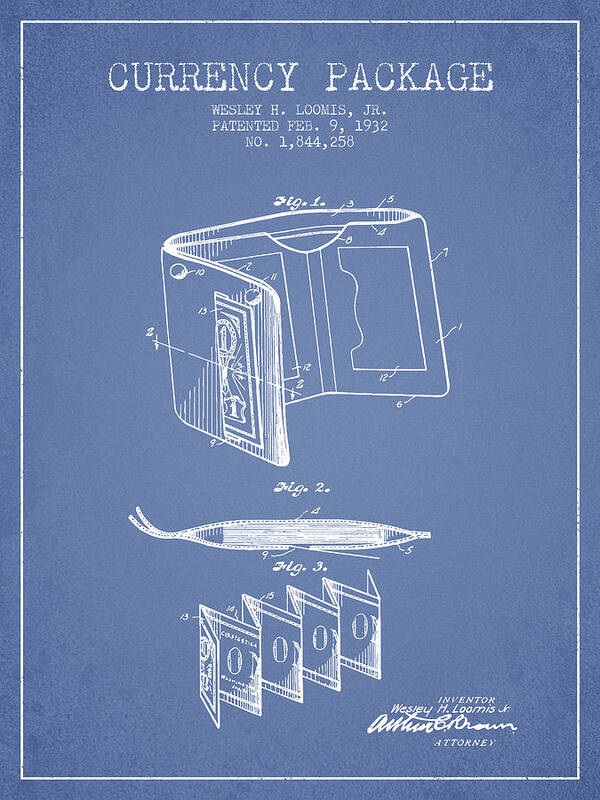 Wallet Poster featuring the digital art Currency Package Patent from 1932 - Light Blue by Aged Pixel