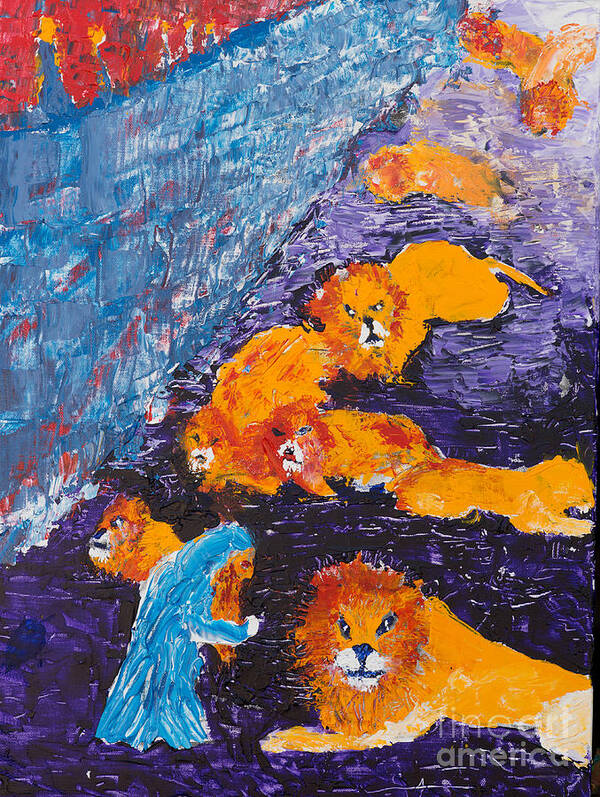 Jewish Art Poster featuring the painting Daniel and the Lions by Walt Brodis