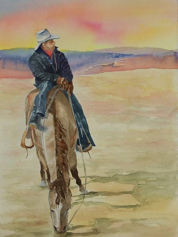 Cowboy Poster featuring the painting Day's End by Celene Terry