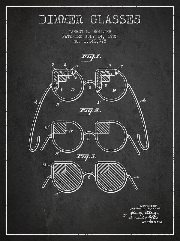 Sunglasses Poster featuring the digital art Dimmer Glasses Patent from 1925 - Dark by Aged Pixel