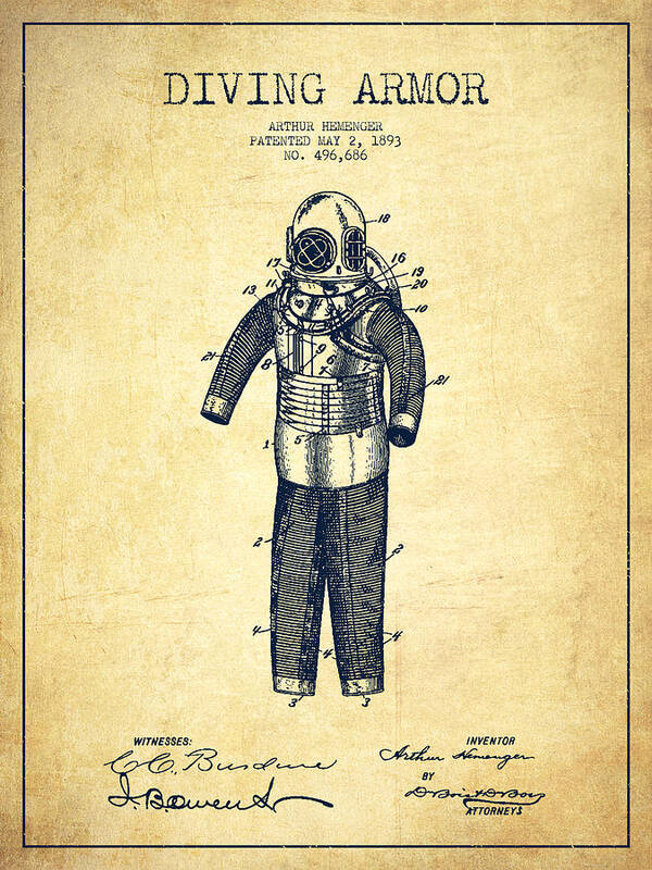 Diving Suit Poster featuring the digital art Diving Armor Patent Drawing from 1893 - Vintage by Aged Pixel