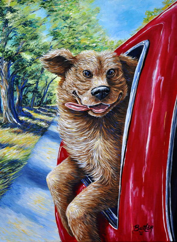 Animal Dog Car Pet Happy Ride Country Art Red Companion Friend Poster featuring the painting Dog...Gone Happy by Gail Butler