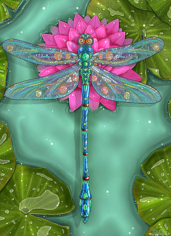 Dragonfly Poster featuring the digital art Dragonfly and Water Lily by Zdenek Sasek