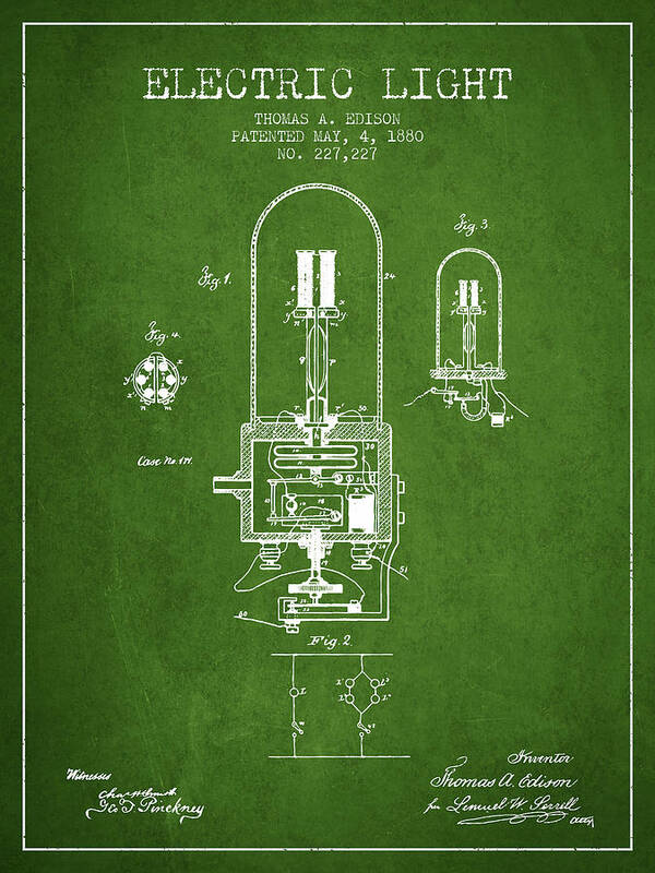 Thomas Edison Poster featuring the digital art Electric Light Patent from 1880 - Green by Aged Pixel