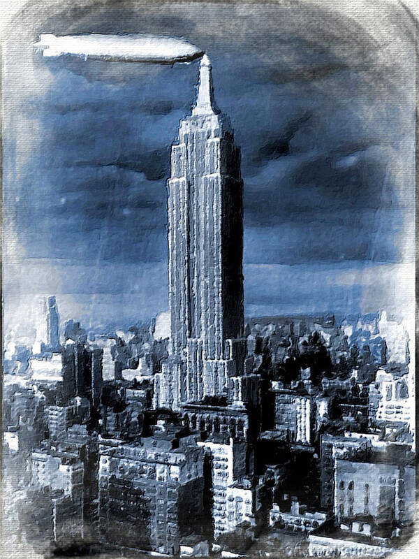 Empire Poster featuring the painting Empire State Building Blimp Docking Blue by Tony Rubino
