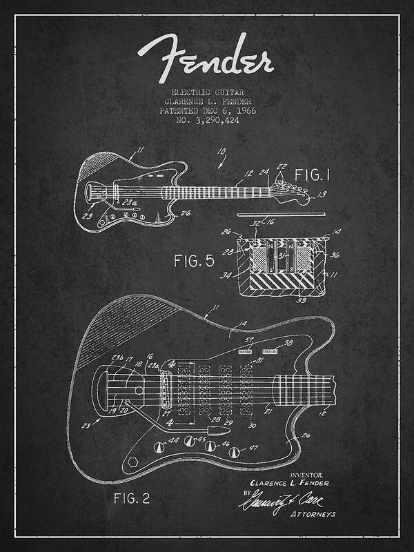 Fender Poster featuring the digital art Fender Electric guitar patent Drawing from 1966 by Aged Pixel