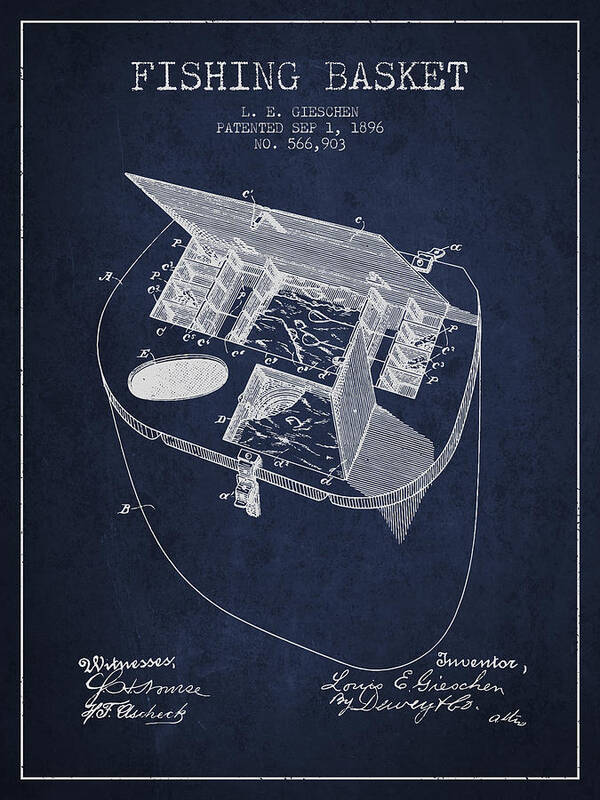 Fishing Basket Patent from 1896 - Navy Blue Poster by Aged Pixel - Fine Art  America