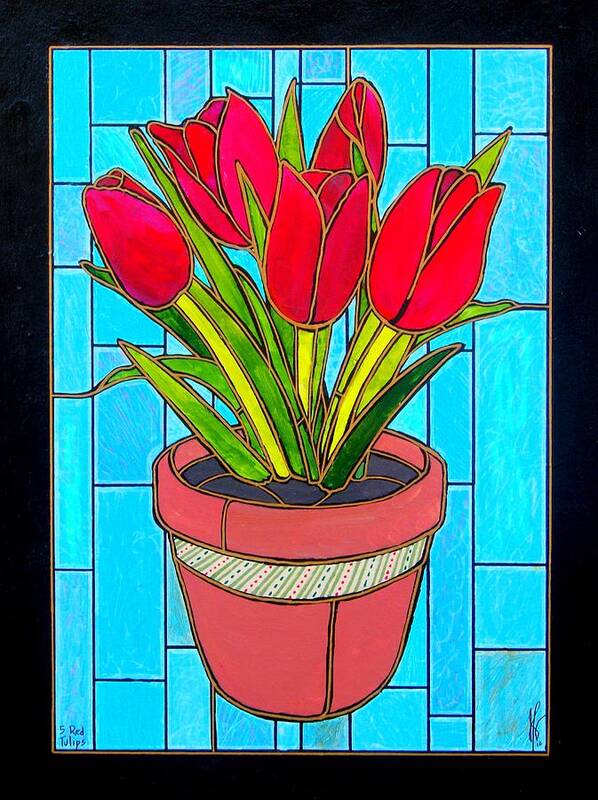 Tulips Poster featuring the painting Five Red Tulips by Jim Harris