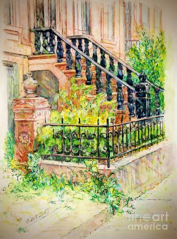 Cityscape Poster featuring the painting Flowers and Balustrade Ninth Street by Nancy Wait