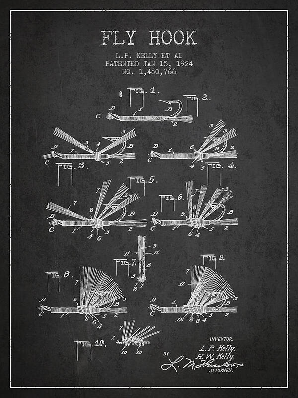 Fly Hook Poster featuring the digital art Fly Hook Patent from 1924 - Charcoal by Aged Pixel