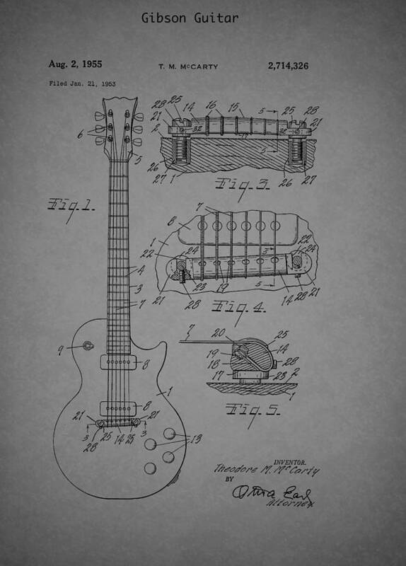 Patent Poster featuring the drawing Gibson Guitar Patent 1955 by Mountain Dreams