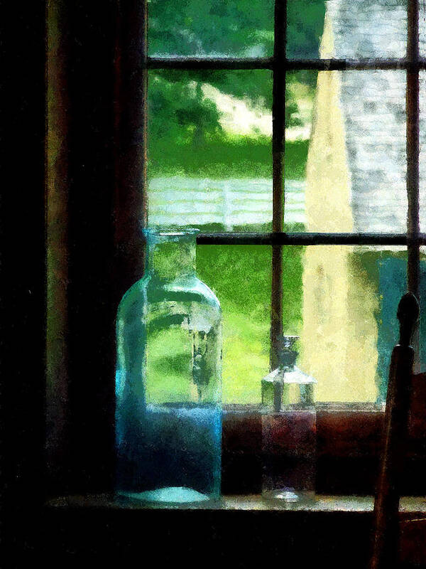 Bottles Poster featuring the photograph Glass Bottles on Windowsill by Susan Savad