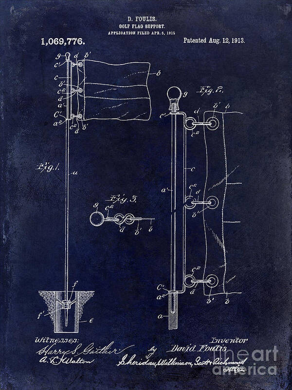 Golf Flag Poster featuring the photograph 1913 Golf Flag Patent Blue by Jon Neidert