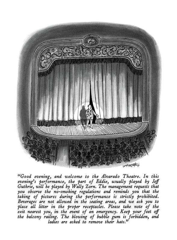 

 Man Making Announcements On Stage. 
Theater Poster featuring the drawing Good Evening by Henry Martin