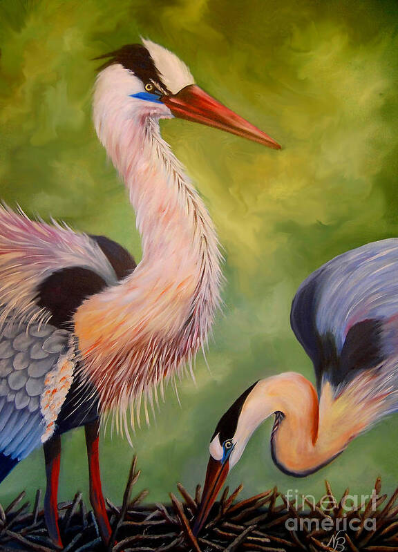 Great Blue Herons Poster featuring the painting Great Blue Herons by Nancy Bradley