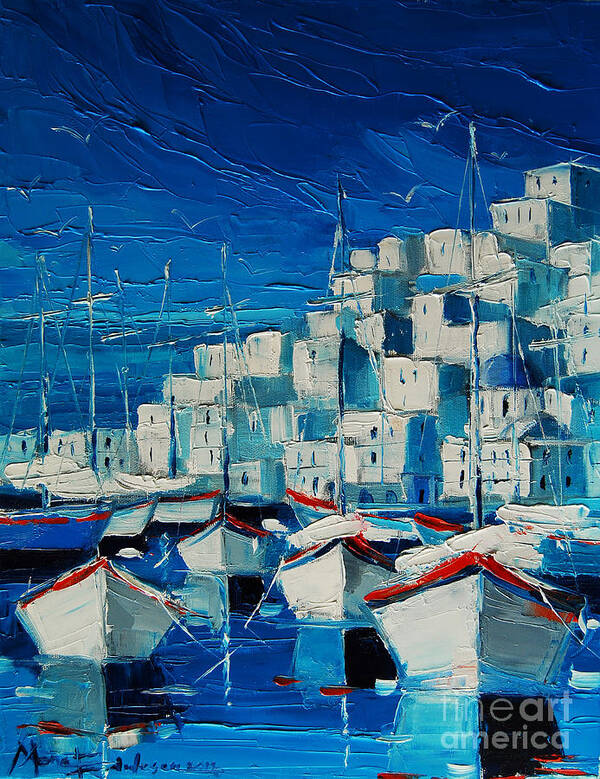 Greek Harbor Poster featuring the painting Greek Harbor by Mona Edulesco