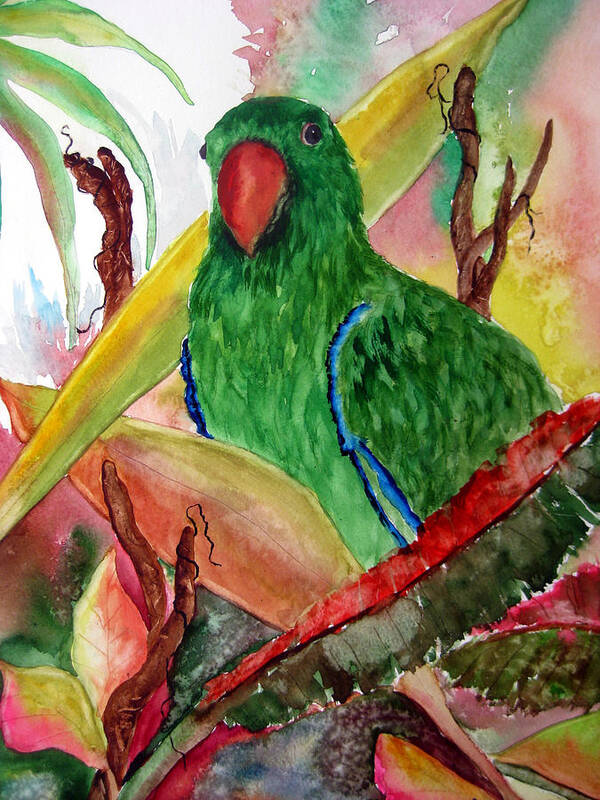 Bird Flower Poster featuring the painting Green Parrot by Lil Taylor