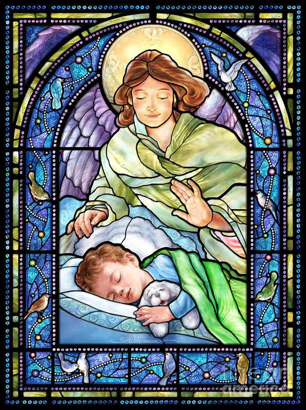 Stained Poster featuring the digital art Guardian Angel With Sleeping Boy by Randy Wollenmann