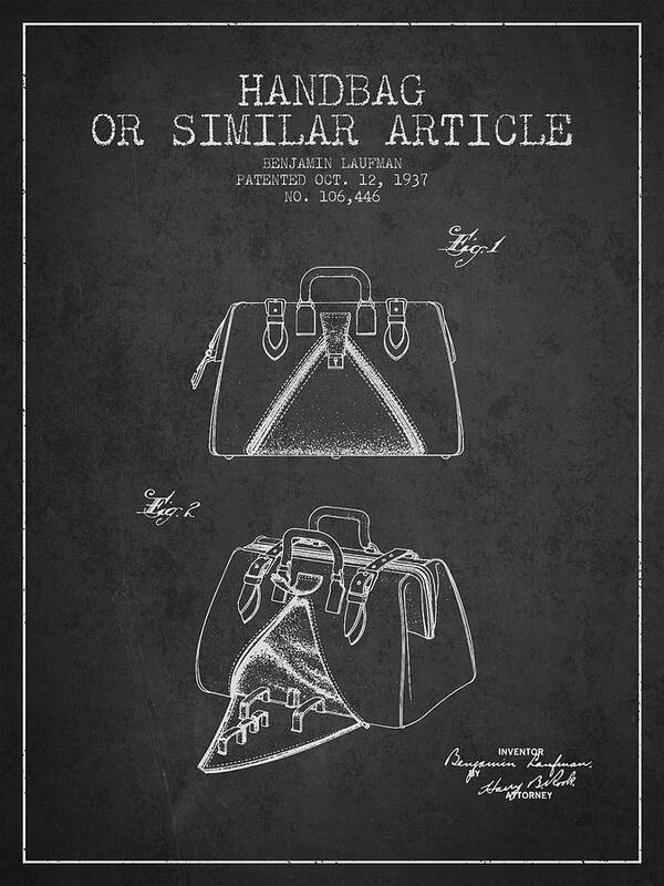 Purse Poster featuring the digital art Handbag or similar article patent from 1937 - Charcoal by Aged Pixel