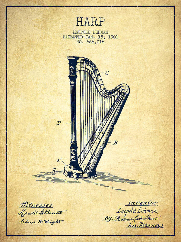 Harp Poster featuring the digital art Harp Music Instrument Patent from 1901 - Vintage by Aged Pixel