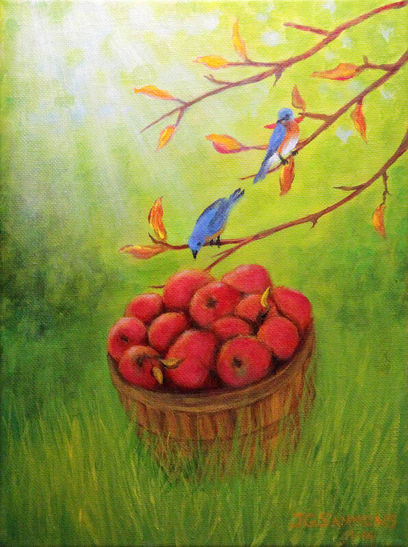 Apples Poster featuring the painting Harvest Apples and Bluebirds by Janet Greer Sammons