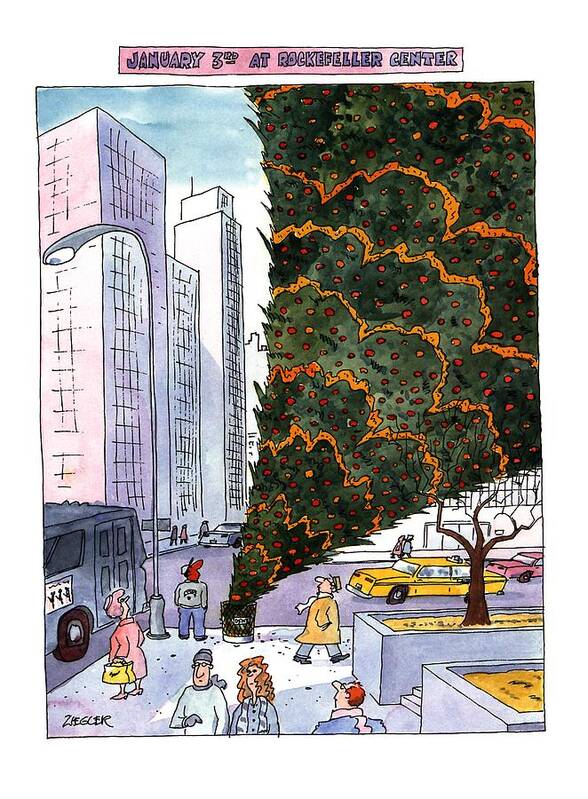 January 3rd At Rockefeller Center
Title: January 3rd At Rockefeller Center. Full-page Color Cartoon Showing The Giant Christmas Tree At Rockefeller Center Turned Upside Down In A Trash Can. Holidays Poster featuring the drawing January 3rd At Rockefeller Center by Jack Ziegler