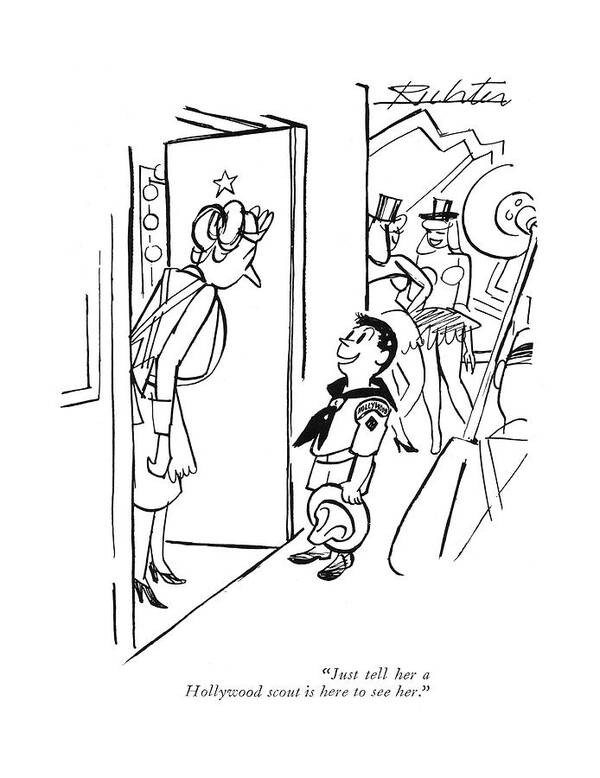 116722 Mri Mischa Richter Young Boy Scout From Hollywood To Maid At The Door Of A Famous Celebrity. Actress Actresses Boy Boys Celebrity Childhood Children Chorus Dance Dancer Dancers Dances Door Entertainer Entertainers Entertainment Entertains Famous Group Groups Kid Kids Little Maid Performer Performers Play Plays Showgirl Showgirls Stage Stages Theater Theaters Theatre Theatres Troop Young Youth Poster featuring the drawing Just Tell Her A Hollywood Scout Is Here To See by Mischa Richter