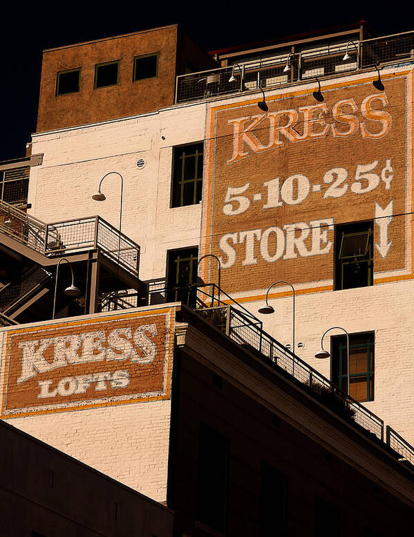 Ghost Signs; Building Signs; Old Signs; Old Buildings; Wall Art; Street Art; Urban Art; Kress; Paint; Architecture; High Quality; In Focus; Long Beach; Downtown Long Beach; Black And White; Southern California; Denise Dube; Photography By Denise Dube; Grins And Goosebumps Photography Poster featuring the photograph Kress Ghost Signs By Denise Dube by Denise Dube