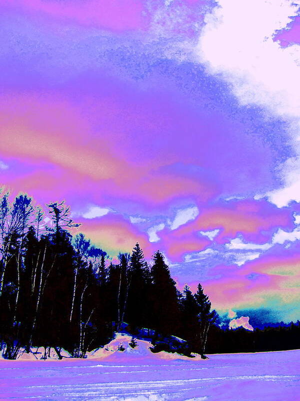 Landscape Iridescent Colored Sky Dramatic Treeline Photographic Digital Manipulation Colorful Modern Contemporaryy Poster featuring the digital art Winter Snow Sky by Priscilla Batzell Expressionist Art Studio Gallery