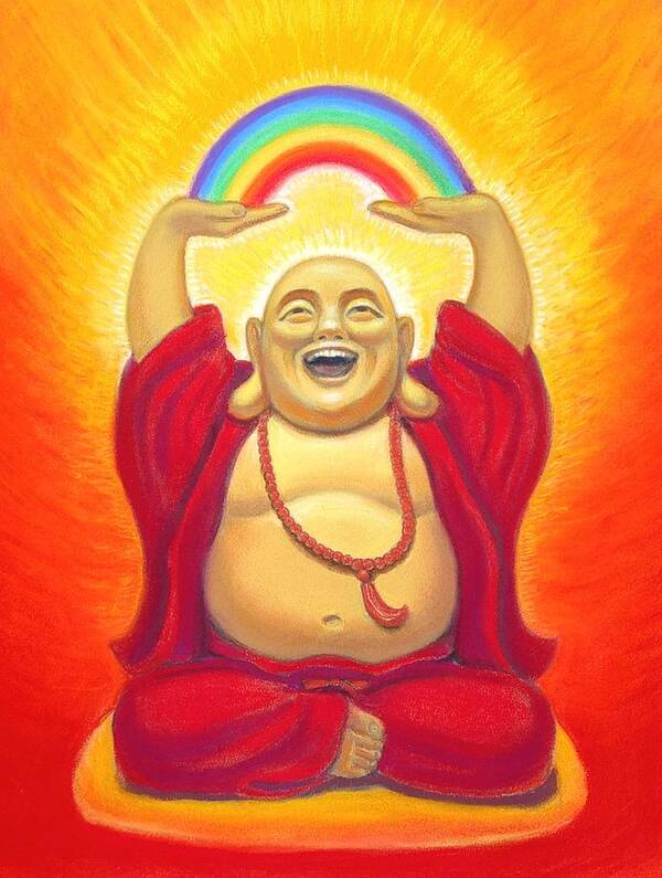 Buddha Poster featuring the pastel Laughing Rainbow Buddha by Sue Halstenberg