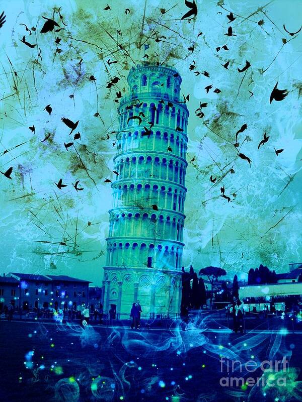 Leaning Tower Of Pisa Poster featuring the digital art Leaning Tower of Pisa 3 Blue by Marina McLain