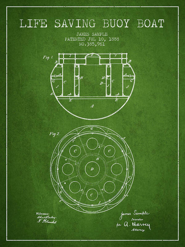 Lifebuoy Poster featuring the digital art Life Saving Buoy Boat Patent from 1888 - Green by Aged Pixel
