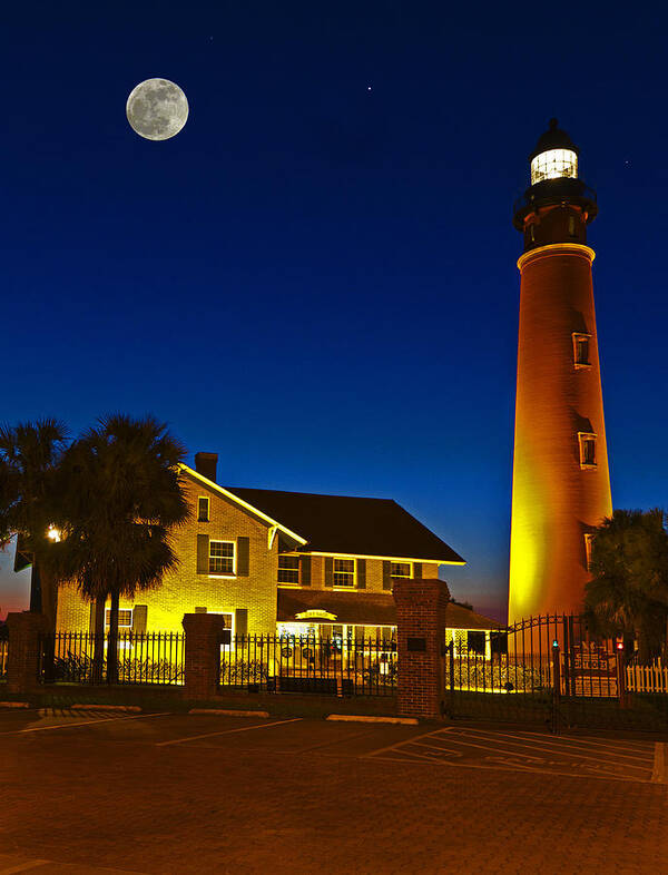 Florida Poster featuring the photograph Lighthouse and Moon by Alex Mironyuk