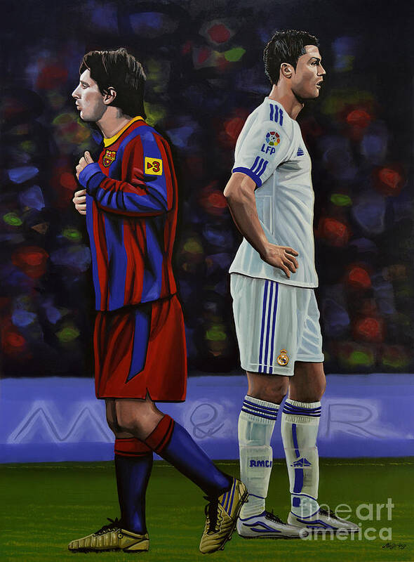 Lionel Messi Cristiano Ronaldo Sport Real Madrid Fc Barcelona Barca Real Manchester United Uefa Champions League Champions Soccer Player Ballon D Or Olympic Games Portugal Portuguese Footballer Famous People Superstar Glamour Icon Idol Hero Paul Meijering Star Realism Portrait Argentina Acrylic Painting Football Stadium Grass Manchester United Forward Work Of Art Fifa World Cup The Classic El Clasico Argentine Footballer Estadio Santiago Berrnabeu Camp Nou Poster featuring the painting Lionel Messi and Cristiano Ronaldo by Paul Meijering