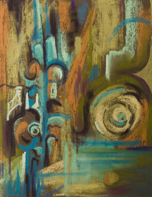 Abstract Muted Colors Turquoise Aqua Gold Orange Olive Spirals Orbs 60's Groovy Mid-century Modern Mad Men Poster featuring the pastel L'italiano by Brenda Salamone