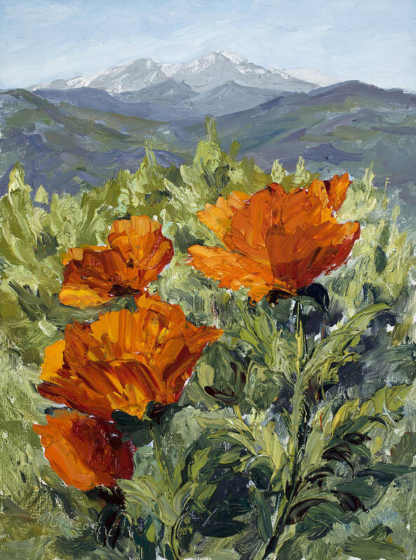 Oil Poster featuring the painting Longs Peak Poppies by Mary Giacomini