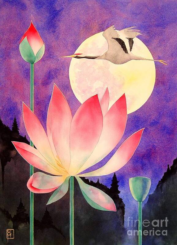 Watercolor Poster featuring the painting Lotus And Crane by Robert Hooper