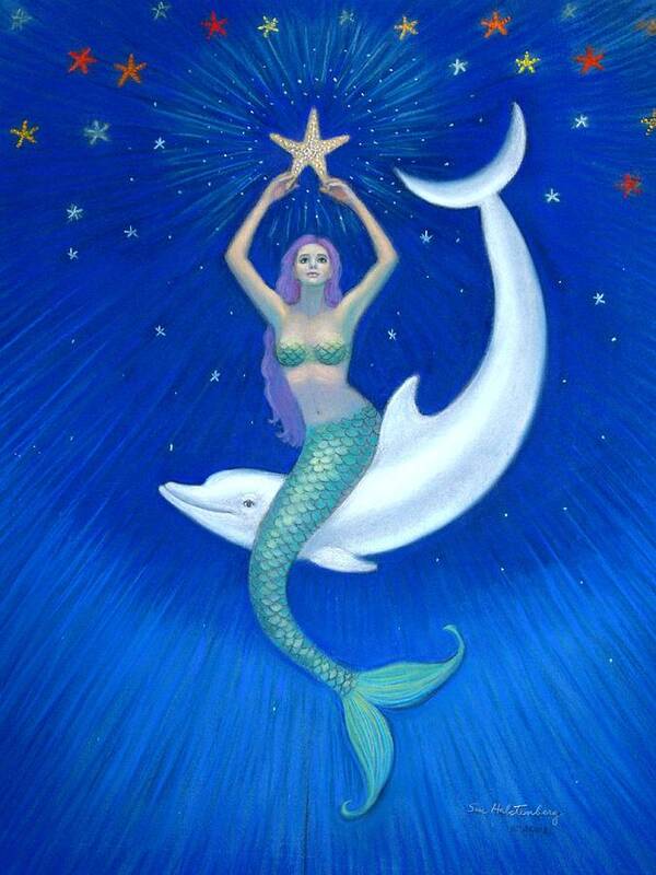 Mermaid Art Poster featuring the painting Mermaids- Dolphin Moon Mermaid by Sue Halstenberg