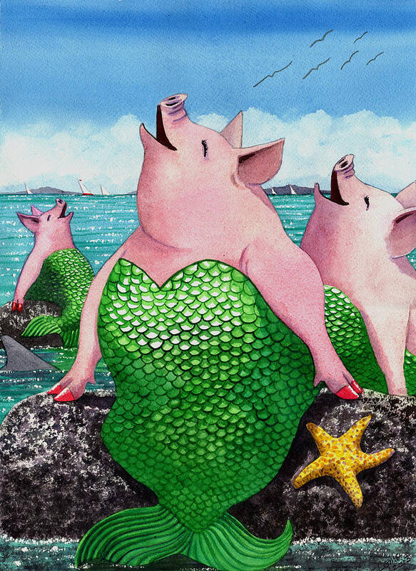 Mermaid Poster featuring the painting Merpigs by Catherine G McElroy