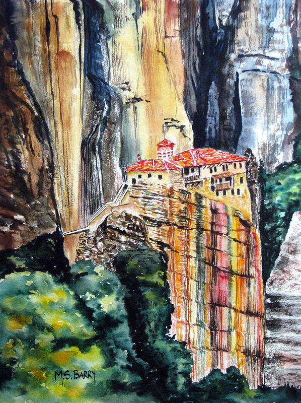 Greece Poster featuring the painting Meteora Greece by Maria Barry