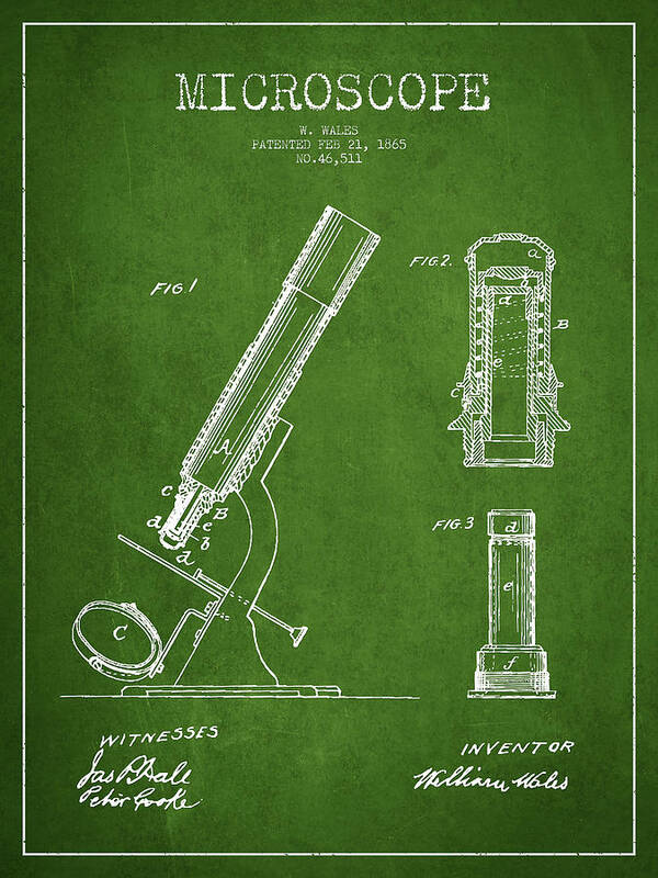 Microscope Poster featuring the digital art Microscope Patent Drawing From 1865 - Green by Aged Pixel