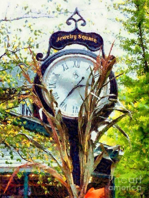 Milford Pa Poster featuring the photograph Milford PA - Jewelry Square Street Clock - Autumn by Janine Riley