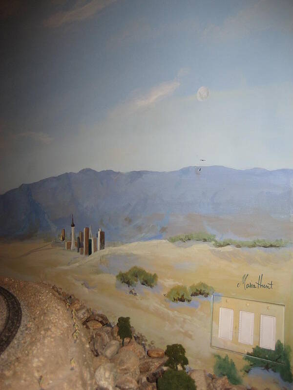 Trains Poster featuring the painting Moon Over Lost Wages in Train Room by Maria Hunt