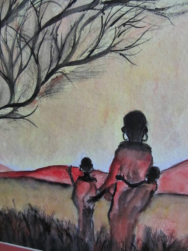 Native Women Walking With Her Children In Kenya. Poster featuring the painting Mother and Children Walking in Kenya by Lucille Valentino