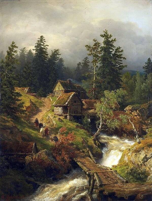 Andreas Achenbach Poster featuring the painting Mountain Landscape with Torrent and Water-mill by MotionAge Designs