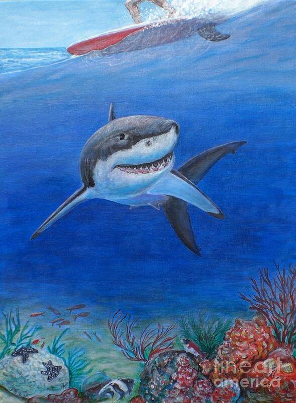 Great White Shark Poster featuring the painting My Pet Shark by George I Perez