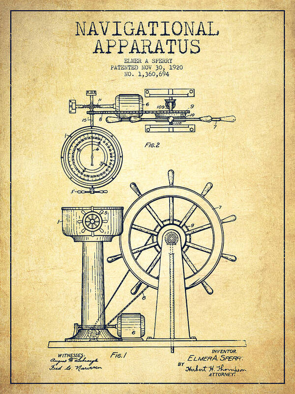 Helm Poster featuring the digital art Navigational Apparatus Patent Drawing From 1920 - Vintage by Aged Pixel