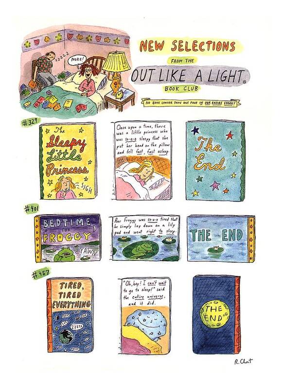 New Selections From The Out Like
A Light Book Club
(three Children's Books Poster featuring the drawing New Selections From The Out Like A Light Book by Roz Chast