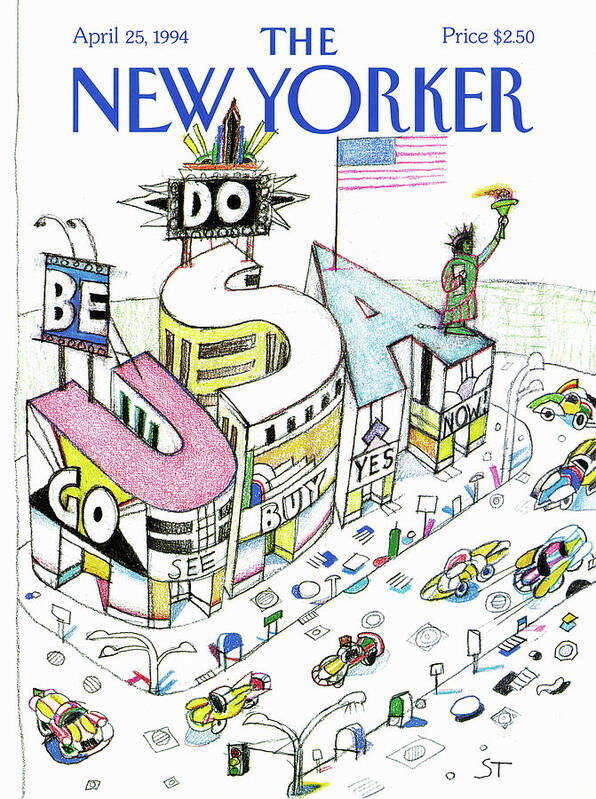 Saul Steinberg 50760 Steinbergattny. Building In The Shape Of The Word 'usa' With Cars Driving By. Poster featuring the painting New Yorker April 25th, 1994 by Saul Steinberg
