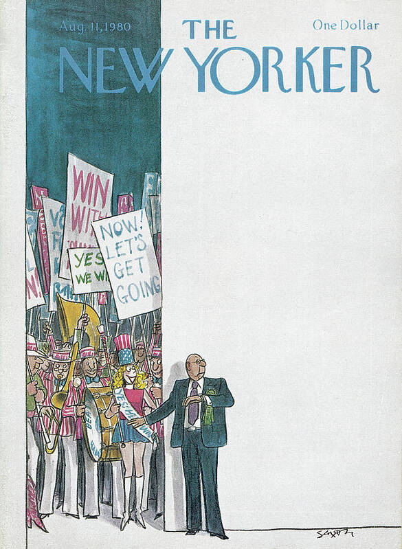 (a Bald Man In A Suit Waits To Give The Signal To Constituents Whom Await To Greet Their Newly Elected Official.) Politics Elections Government Parties Charles Saxon Csa Artkey 47548 Poster featuring the painting New Yorker August 11th, 1980 by Charles Saxon